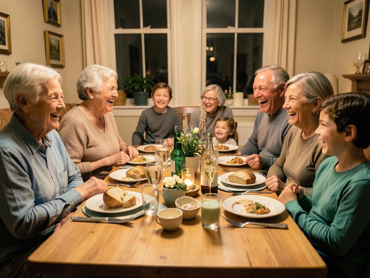 Three generations of a family laughing together around a candlelit dinner table