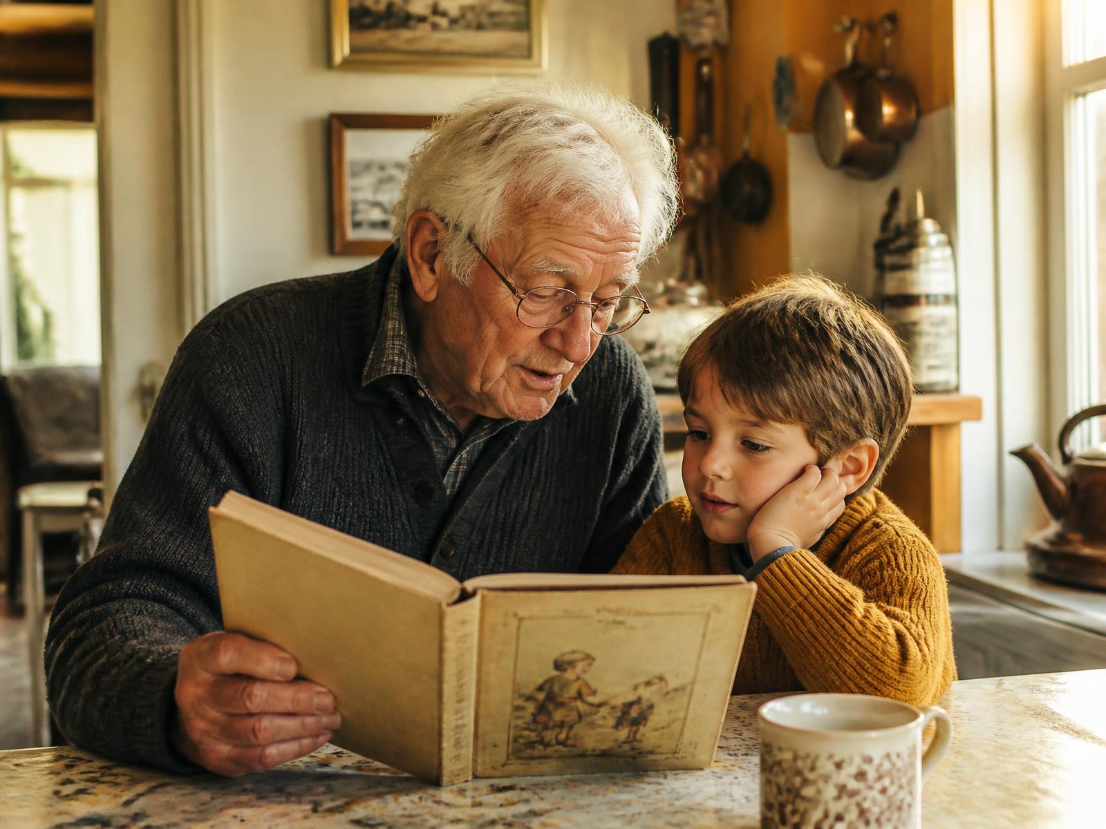 A grandfather in glasses reading an old illustrated storybook to his young grandchild at a sunlit kitchen table