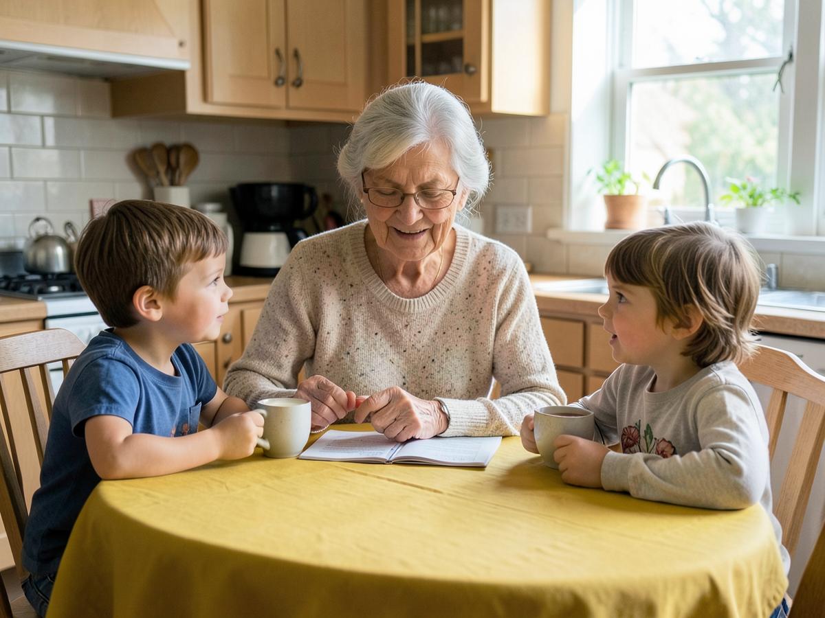 A grandmother telling a story at a yellow kitchen table while two children listen with mugs of cocoa