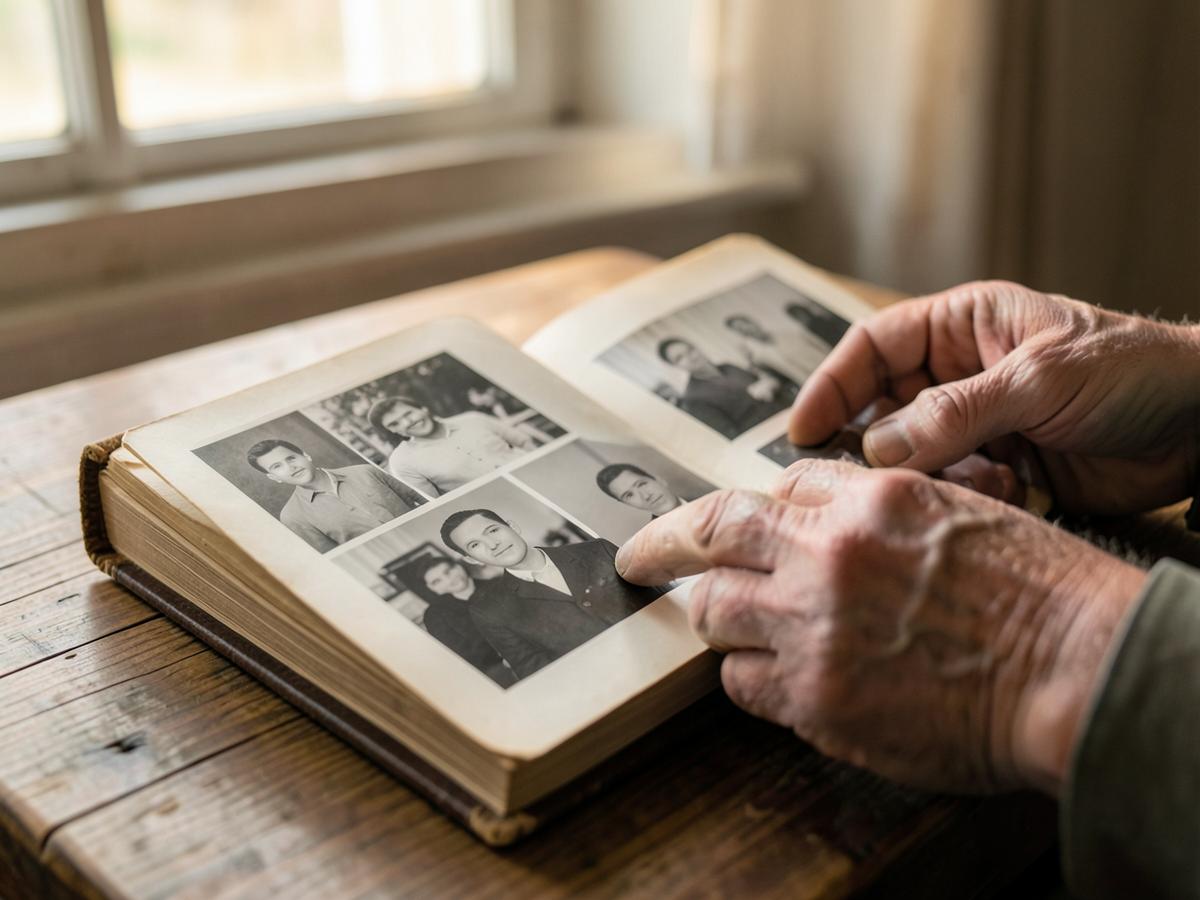 Weathered hands turning the pages of an old family photo album filled with black and white portraits